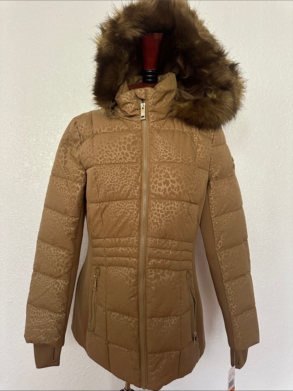 NWT Michael Kors Camel Quilted Faux-Fur Hooded Puffer Jacket Size Small